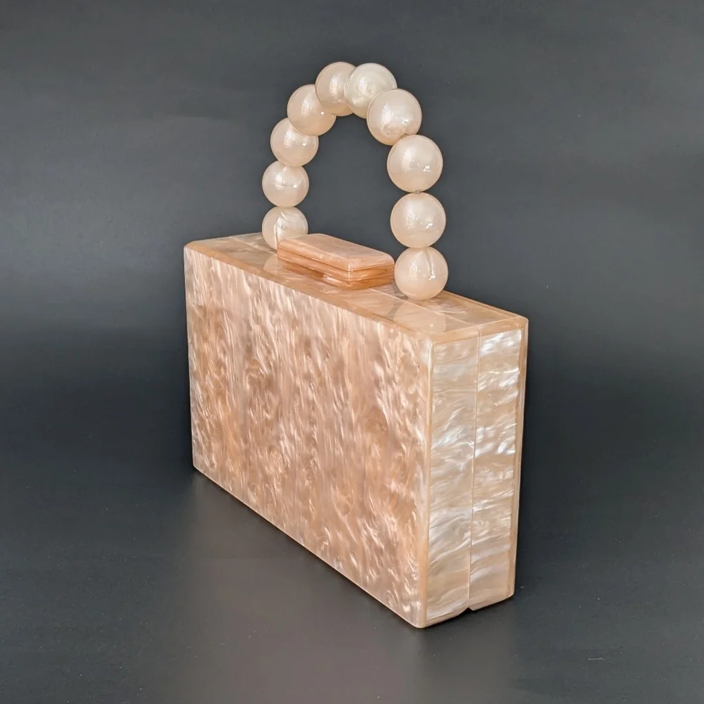 Orange Mother of Pearl Acrylic Box Clutch Purse Chunky Beaded Handle